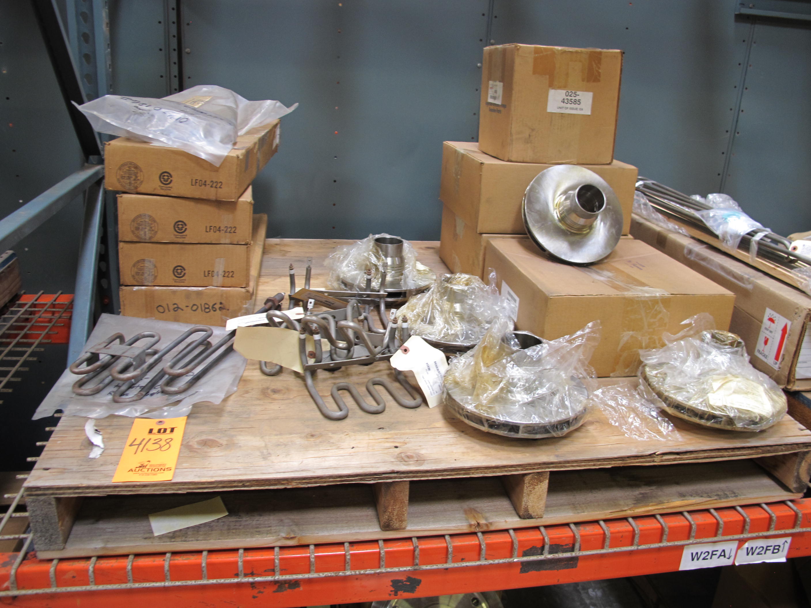 LOT TO INCLUDE: (6) HEATERS, SPACE TYPE, OIL KIND. 18" X 9-1/2" FOR LUBE SYSTEM, (6) HEATERS, SPACE TYPE, 220V, 400W RATING, (9) IMPELLERS, PUMP KIND, STL MATERIAL. INTERMEDIATE STAGE CONSTRUCTION. LOADING & HANDLING FEE $15-4138